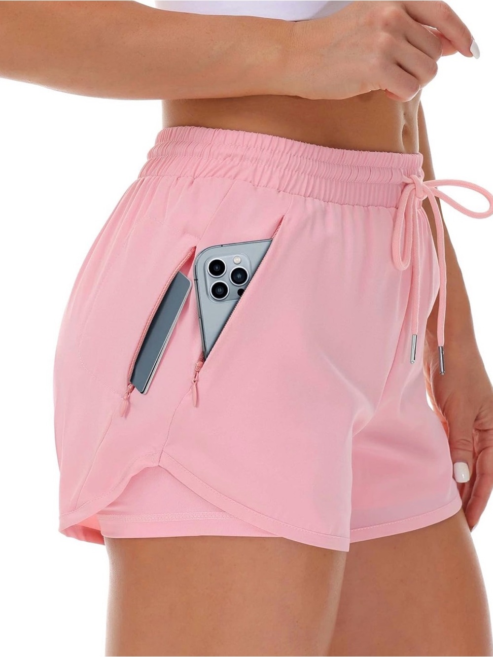 Women’s running shorts with liner zipper pockets elastic workout gym yoga shorts